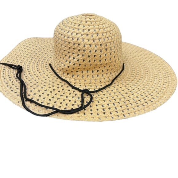 Straw Sun Hat Wide Brim Natural Black Strap Beach Pool Vacation Travel Cruise OS - Picture 2 of 8